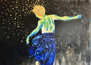 Zeitgenössisches Ölgemälde „Der Sprung“ von Andreij Herzog mit springender Figur, blauem Gewand, goldenen Akzenten und dunklem abstraktem Hintergrund.